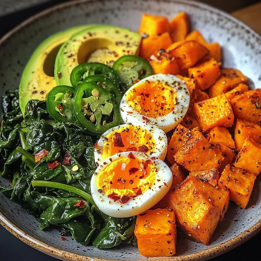 Avocado Power Plate with Jammy Eggs, Spinach & Sweet Potatoes