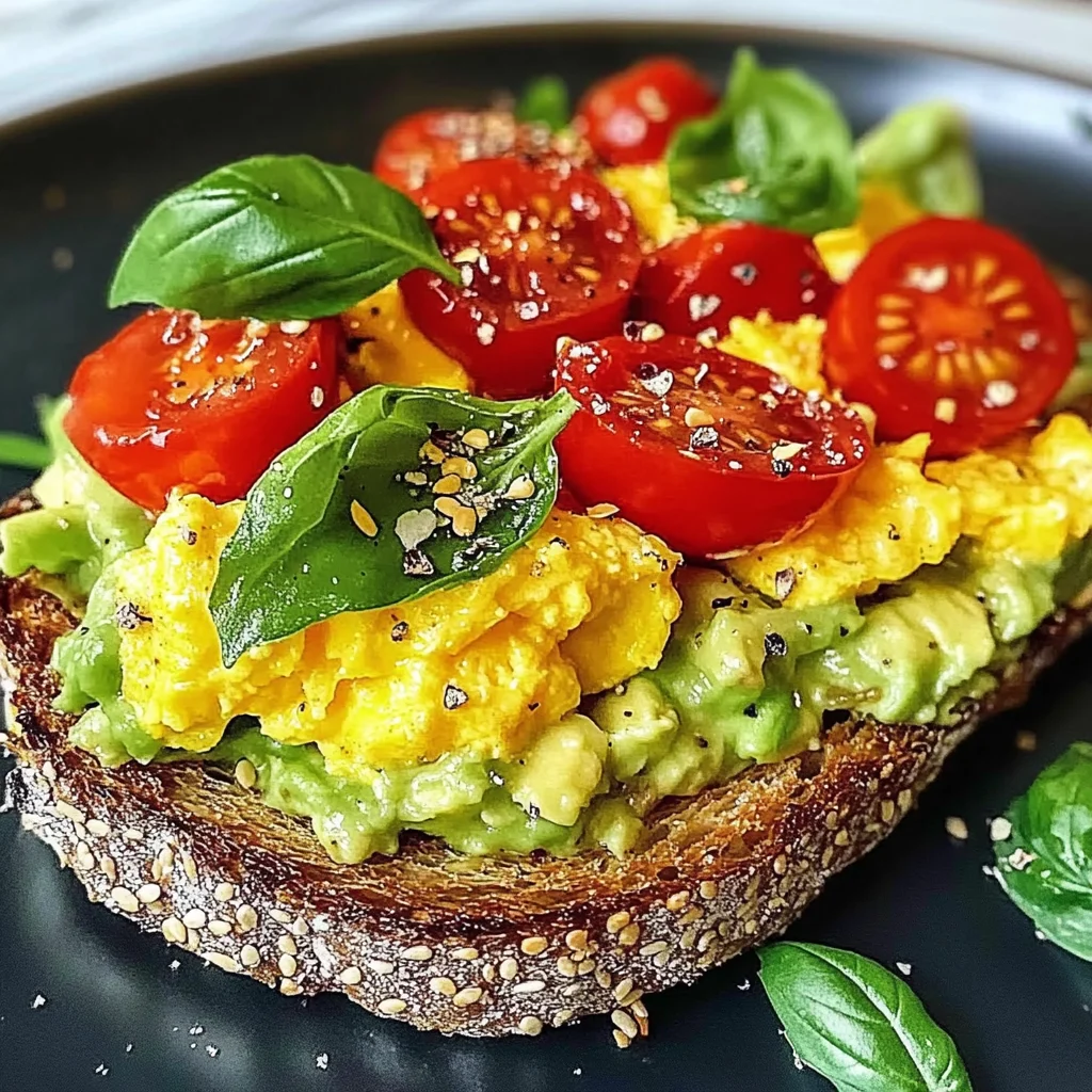 Avocado Toast with Scrambled Eggs and Tomatoes
