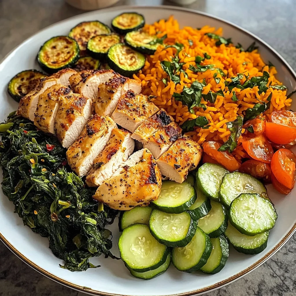 Colorful Chicken Veggie Plate with Carrot Rice & Salad