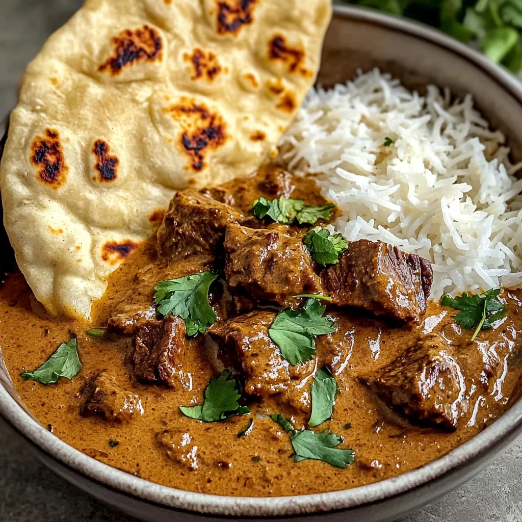 Creamy Coconut Curry Beef with Rice and Garlic Naan