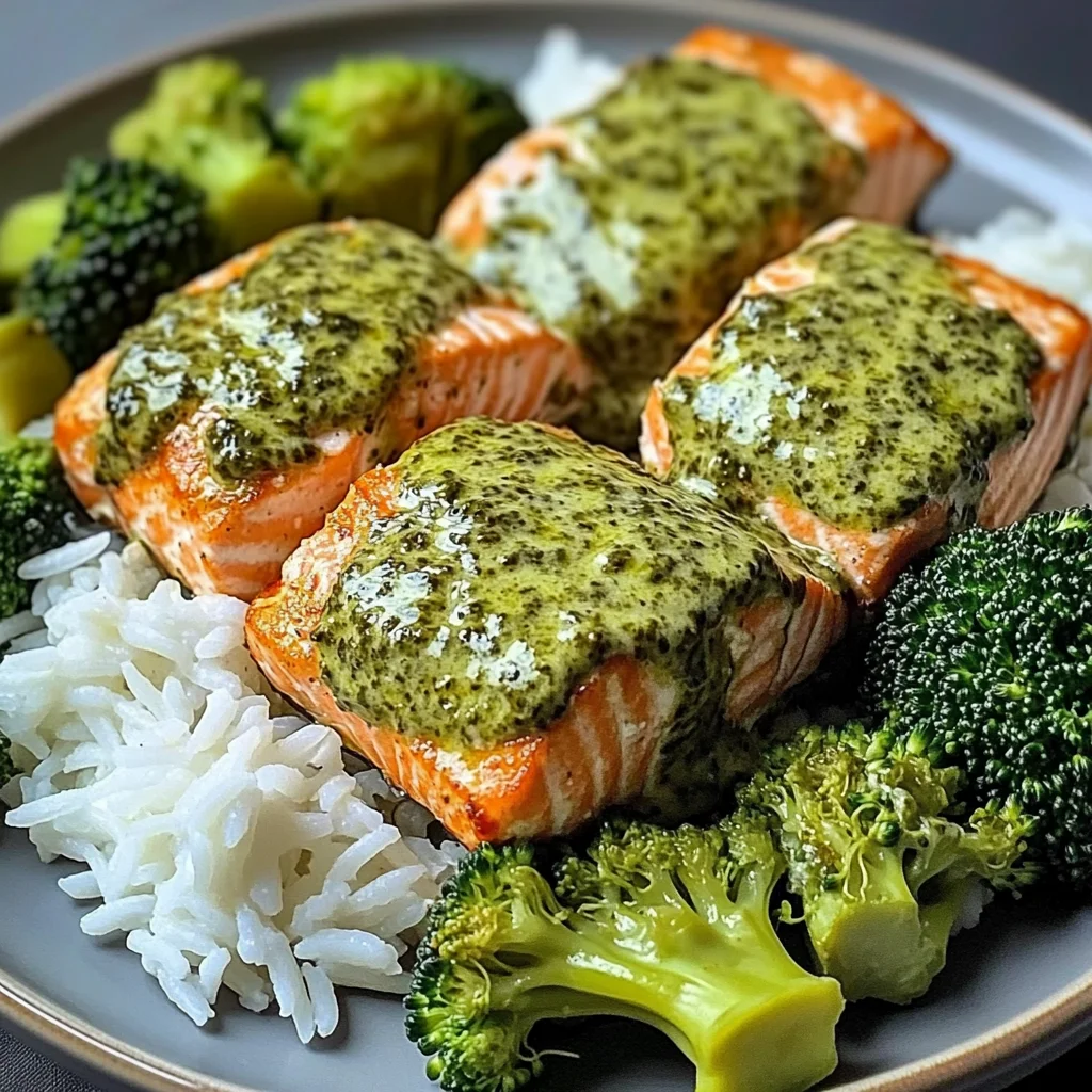 Creamy Pesto Salmon with Broccoli & Rice