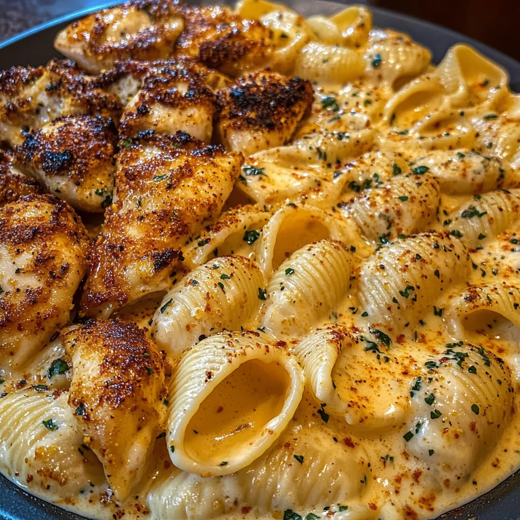 Garlic Cajun Chicken Shells in Velveeta Cream Sauce