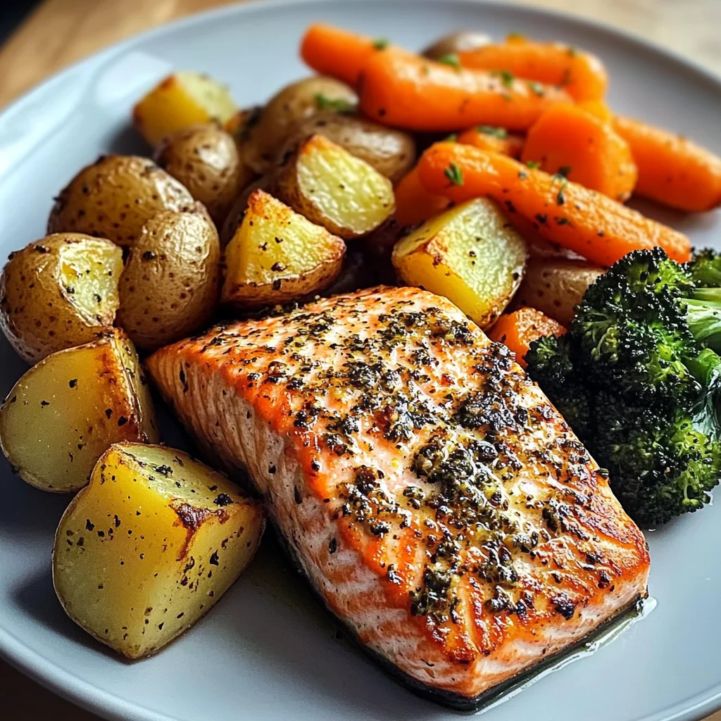 Garlic Salmon with Herbed Potatoes, Carrots & Broccoli