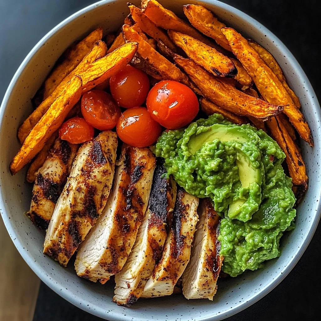 Grilled Chicken Power Bowl with Sweet Potato Fries & Guacamole