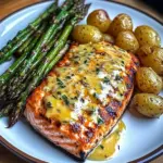 Grilled Salmon with Garlic Potatoes & Cheesy Asparagus