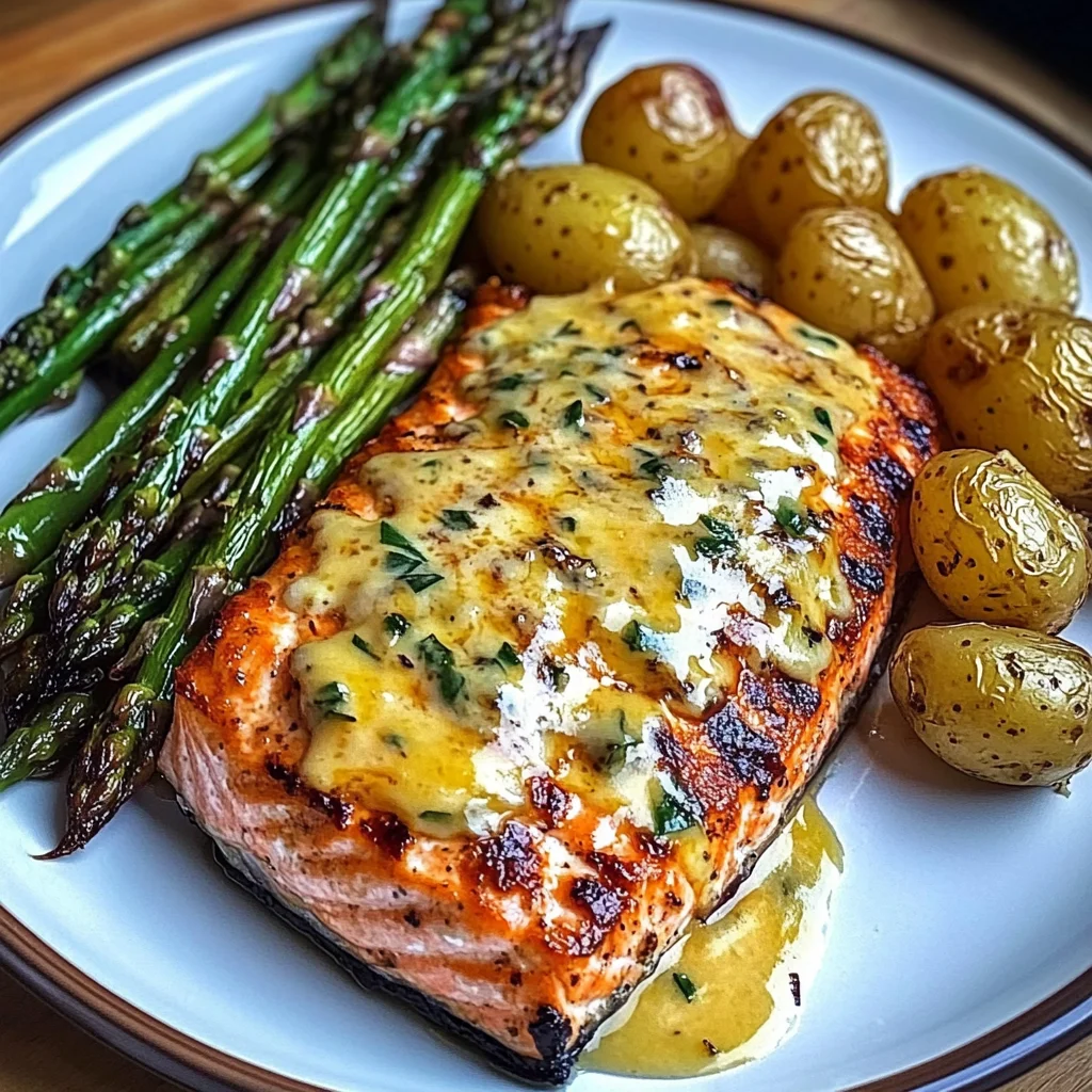 Grilled Salmon with Garlic Potatoes & Cheesy Asparagus