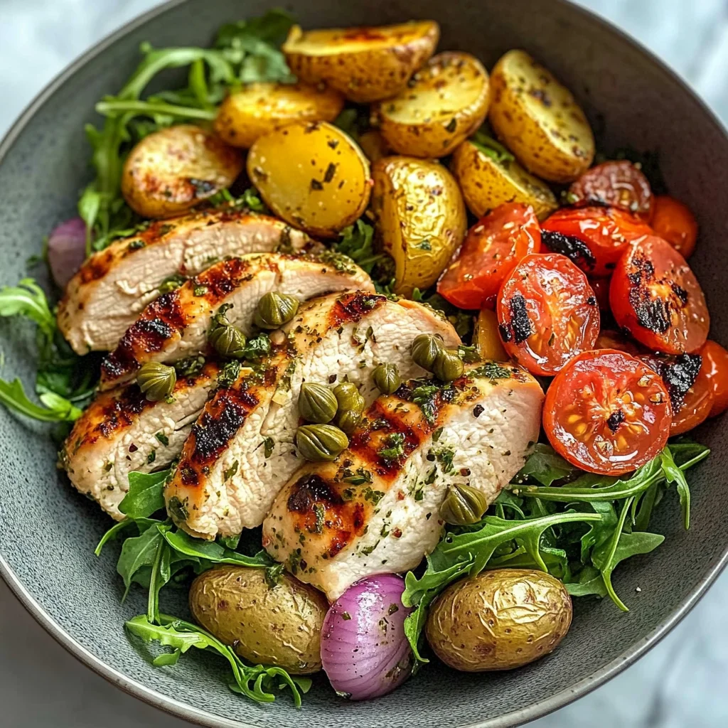 Herbed Chicken Bowl with Crispy Potatoes & Tomato Caper Salad