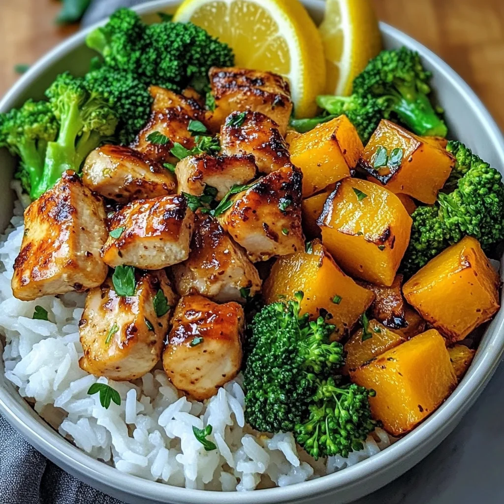 Honey Garlic Chicken Bowl with Rice, Broccoli & Roasted Butternut Squash