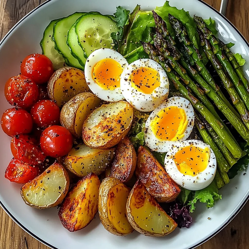 Roasted Potato Wedges with Asparagus, Jammy Eggs & Fresh Garden Salad