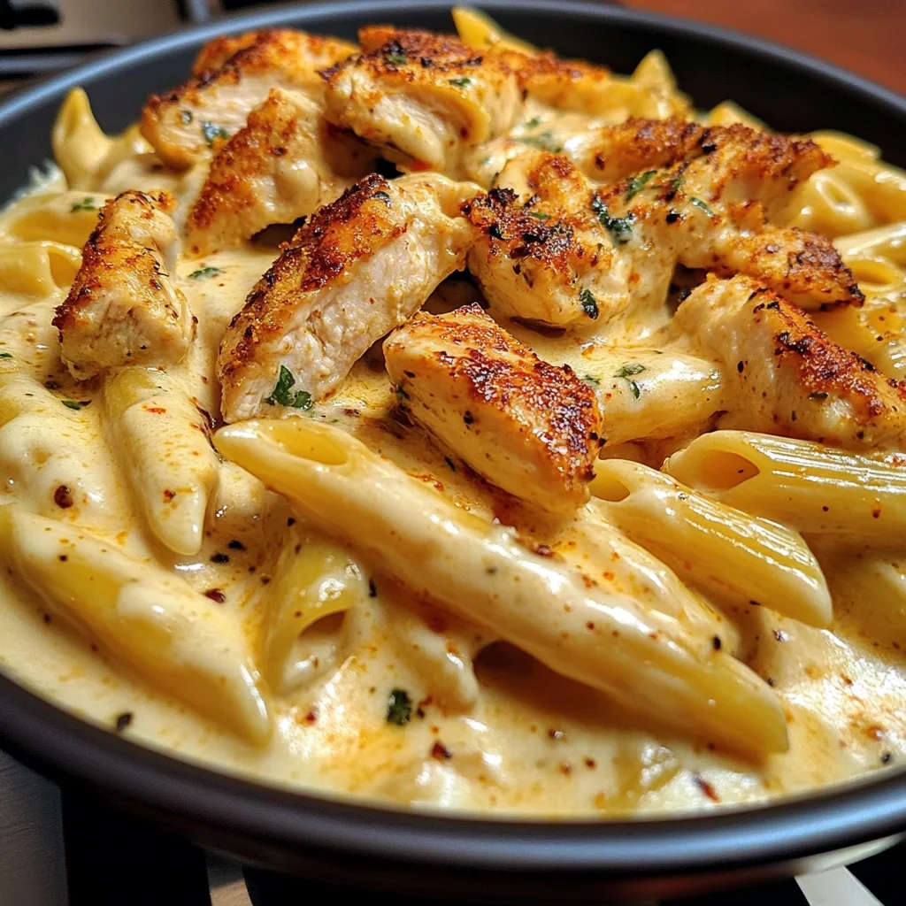 Spicy Garlic Chicken Penne in Velveeta Alfredo