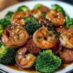 Honey garlic shrimps, sausage and broccoli