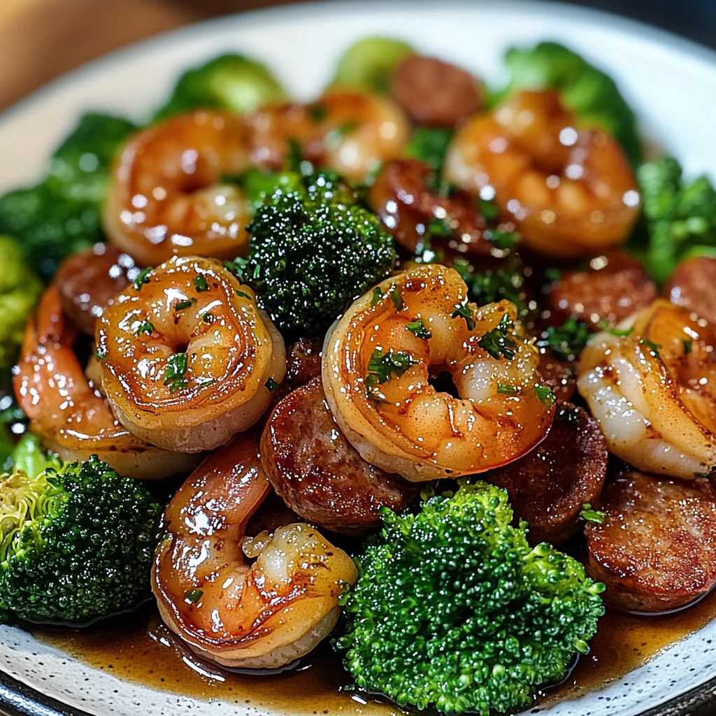 Honey garlic shrimps, sausage and broccoli