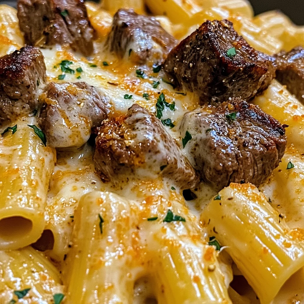 Cajun Steak Tips in Cheesy Rigatoni Parmesan Sauce