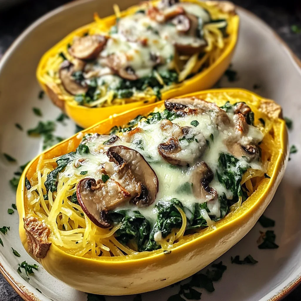 Creamy Spinach and Mushroom Stuffed Spaghetti Squash