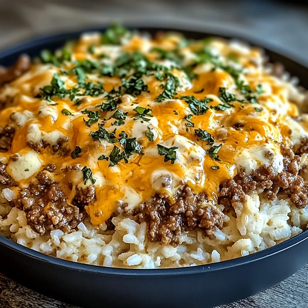 Garlic Butter Beef and Rice Skillet with Cheddar Parmesan Sauce