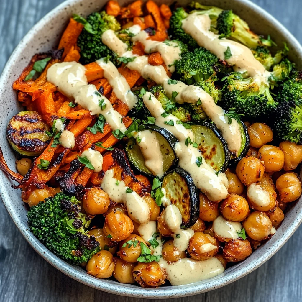 Roasted Veggie Chickpea Bowls with Maple Dijon Tahini Dressing